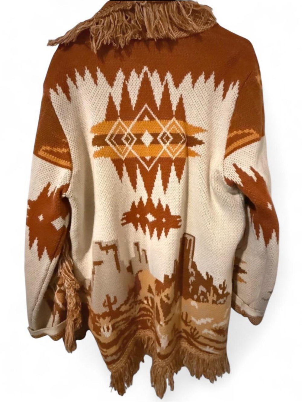 Idyllwind rust tan cream geometric patterned cardigan w fringe XL